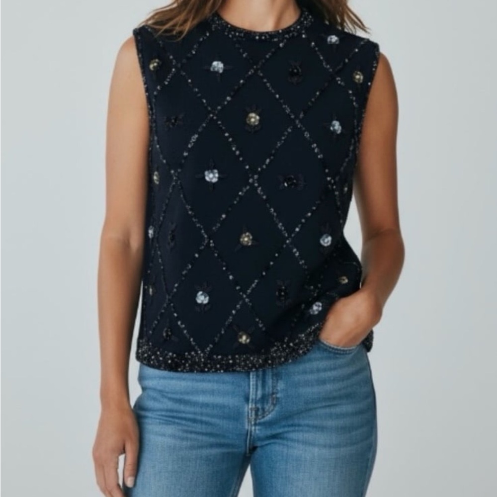 Vintage 60's Marchesa Floral Beaded Sequin Sleeveless Sweater Womens 38 Black